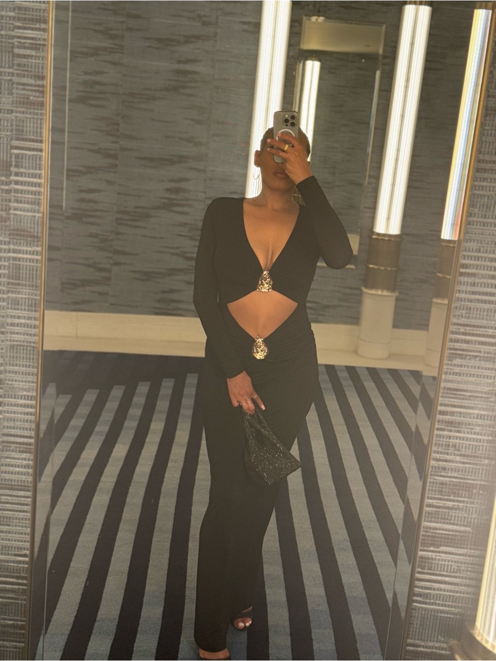 Elegant Black Cutout Maxi Dress with Embellished Accents